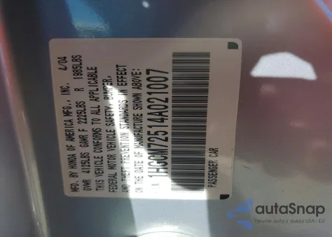 2004 Honda Accord Ex z USA, uszkodzony, nr VIN 1HGCM72514A021007